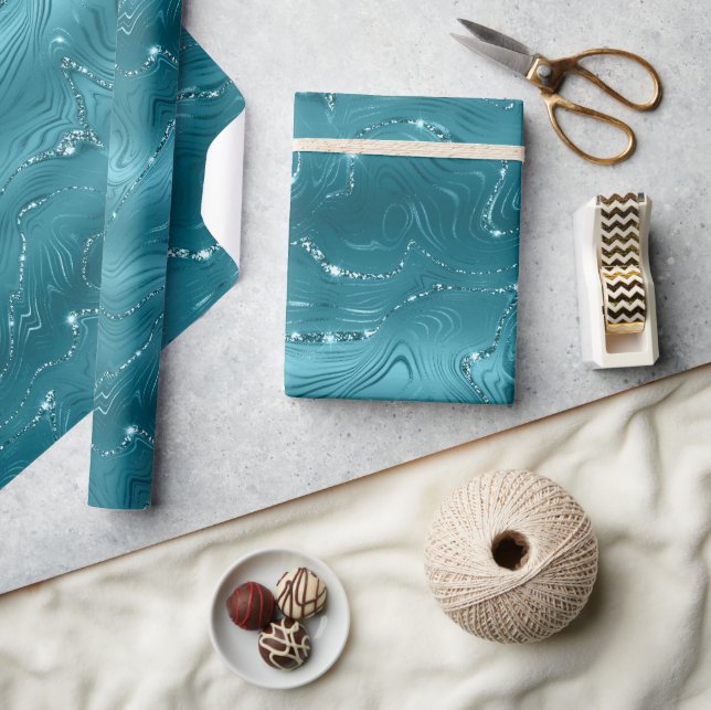 Girly Aqua Blue Glitzy Marble Birthday Presentpapper (Hantverk)