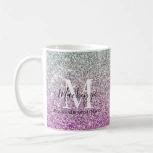 Girly Aqua Blue Rosa Ombre Glitter Monogram Namn Kaffemugg