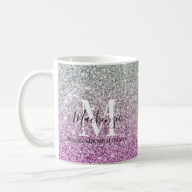 Girly Aqua Blue Rosa Ombre Glitter Monogram Namn Kaffemugg (Vänster)