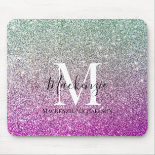 Girly Aqua Blue Rosa Ombre Glitter Monogram Namn Musmatta
