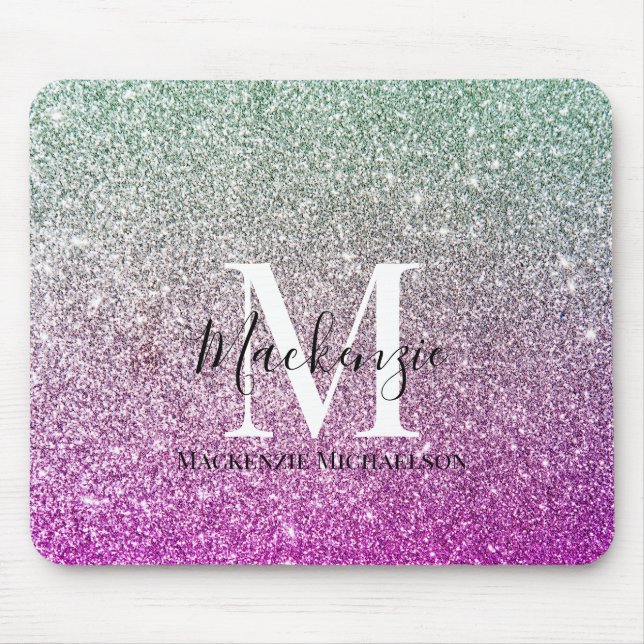 Girly Aqua Blue Rosa Ombre Glitter Monogram Namn Musmatta (Framsidan)