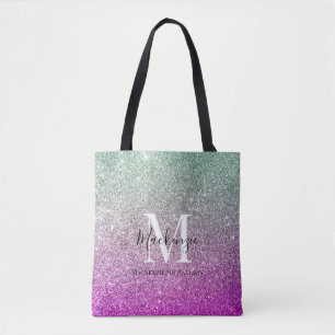 Girly Aqua Blue Rosa Ombre Glitter Monogram Namn Tygkasse