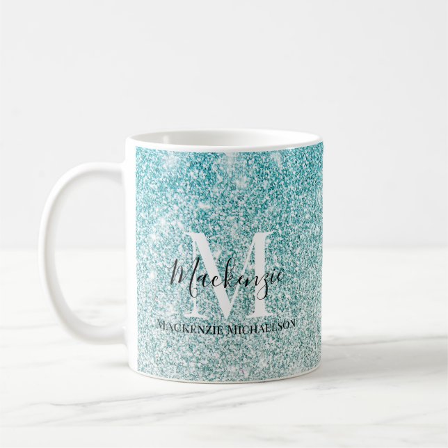 Girly Aqua Blue Silver Ombre Glitter Monogram Namn Kaffemugg (Vänster)