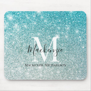 Girly Aqua Blue Silver Ombre Glitter Monogram Namn Musmatta