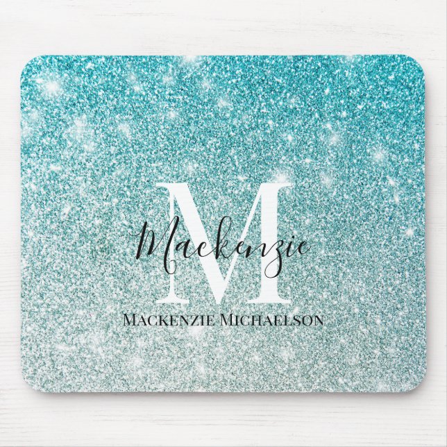 Girly Aqua Blue Silver Ombre Glitter Monogram Namn Musmatta (Framsidan)