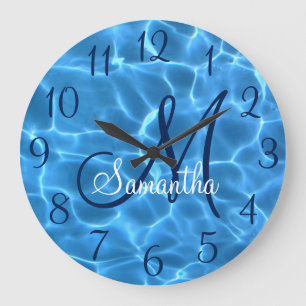 Girly Aqua Blue Swimming Bassäng Photo Monogram Stor Klocka