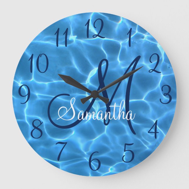 Girly Aqua Blue Swimming Bassäng Photo Monogram Stor Klocka (Framsida)
