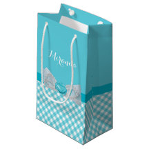 Girly Aqua Gingham Cute Pearls Ro Bow with Namn