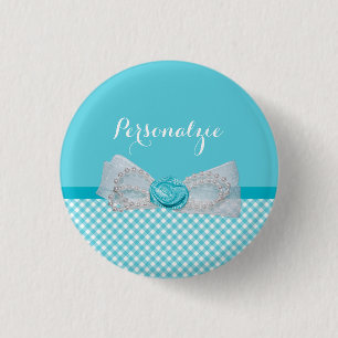 Girly Aqua Gingham Cute Pearls Ro Bow with Namn Knapp