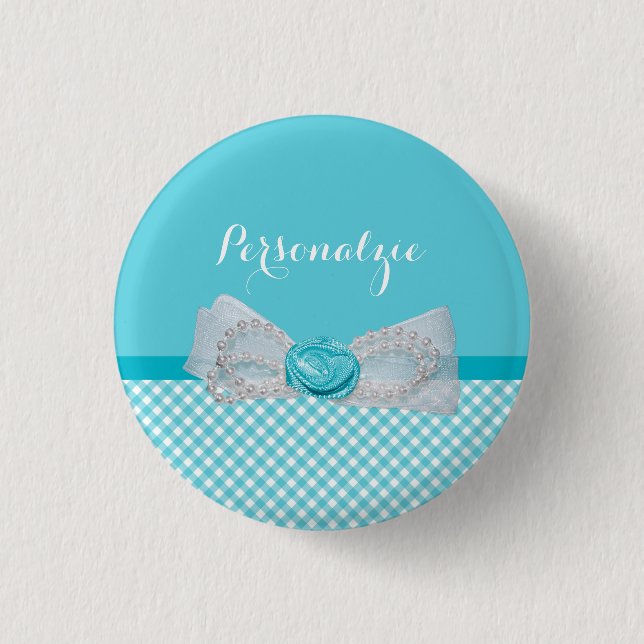 Girly Aqua Gingham Cute Pearls Ro Bow with Namn Knapp (Framsida)