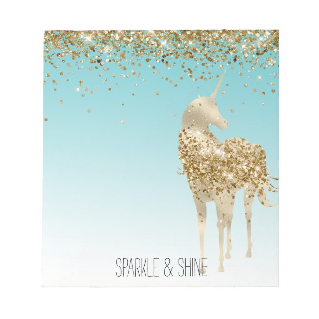 Girly Aqua Guld Confetti Glitter Unicorn Anteckningsblock (Framsida)