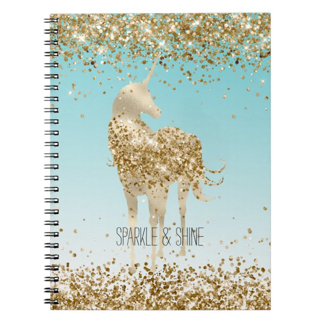 Girly Aqua Guld Confetti Glitter Unicorn Anteckningsbok (Framsidan)