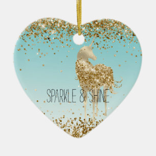 Girly Aqua Guld Confetti Glitter Unicorn Julgransprydnad Keramik