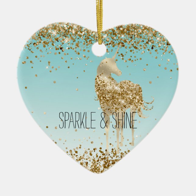 Girly Aqua Guld Confetti Glitter Unicorn Julgransprydnad Keramik (Framsidan)