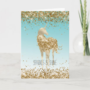 Girly Aqua Guld Confetti Glitter Unicorn Kort
