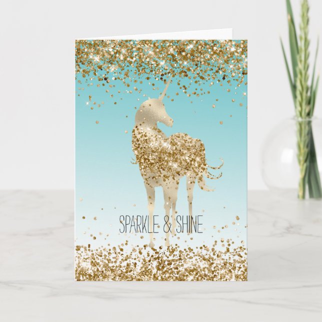 Girly Aqua Guld Confetti Glitter Unicorn Kort (Framsida)