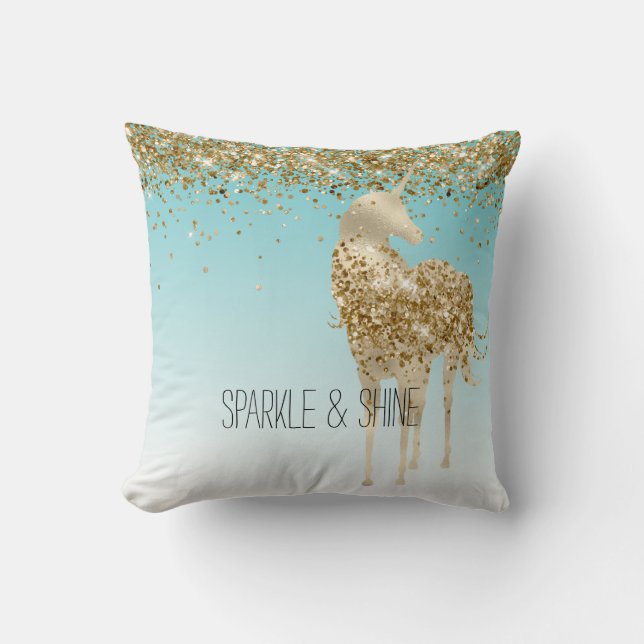 Girly Aqua Guld Confetti Glitter Unicorn Kudde (Framsida)