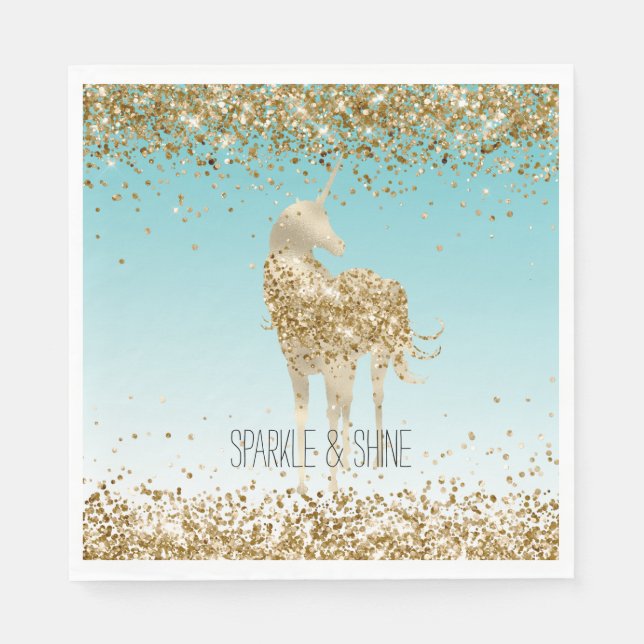 Girly Aqua Guld Confetti Glitter Unicorn Pappersservett (Framsidan)