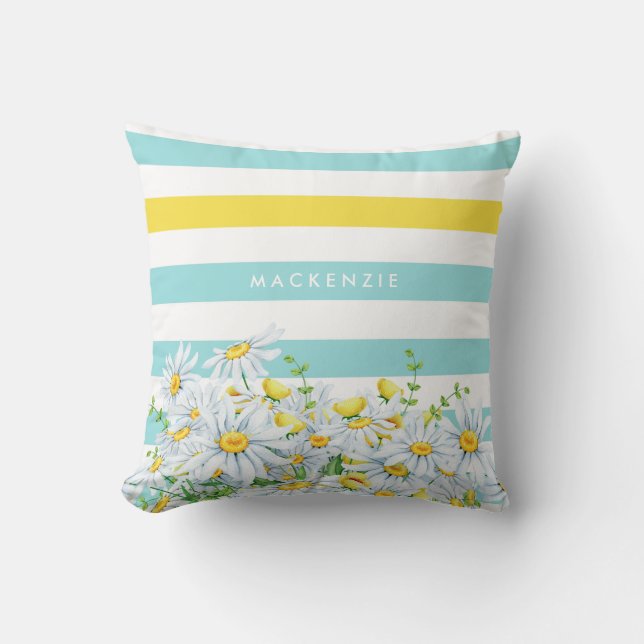 Girly Aqua Rand med Gult Daisy och Namn Kudde (Framsida)