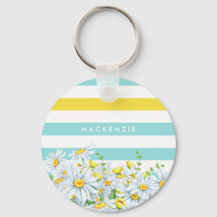 Girly Aqua Rand med Gult Daisy och Namn Nyckelring
