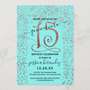Girly Aqua Ro Guld Confetti Gräns Quinceañera Inbjudningar