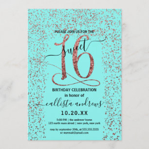 Girly Aqua Ro Guld Confetti Gräns Sweet 16 Inbjudningar