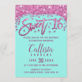 Girly Aqua Teal Bright Rosa Glitter Dust Sweet 16 Inbjudningar