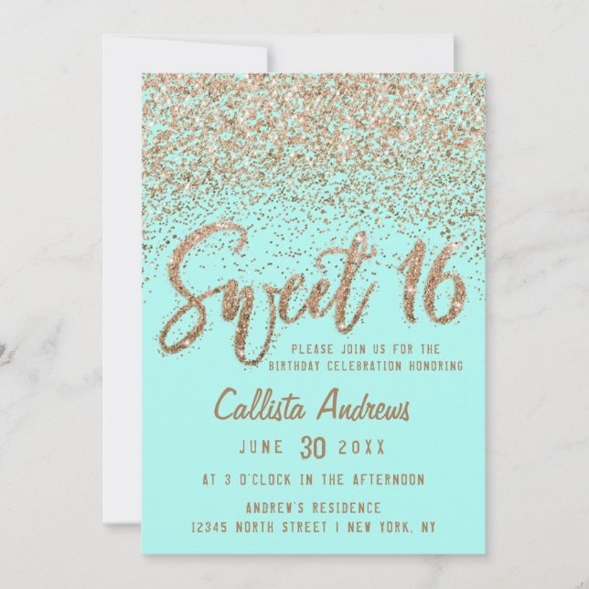 Girly Aqua Teal Guld Scattered Glitter Sweet 16 Inbjudningar (Framsida)