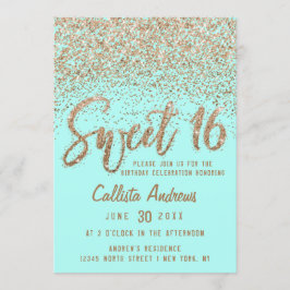 Girly Aqua Teal Guld Scattered Glitter Sweet 16 Inbjudningar