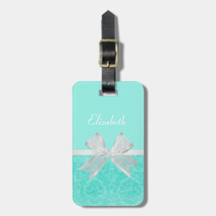 Girly Aqua Turcos Damask White Ribbon med Namn Bagagebricka
