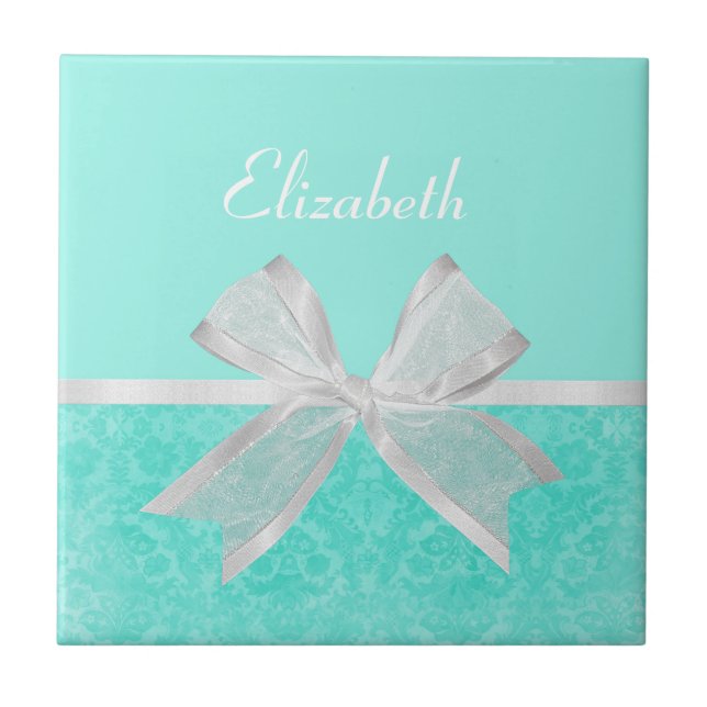 Girly Aqua Turcos Damask White Ribbon med Namn Kakelplatta (Framsidan)
