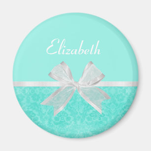 Girly Aqua Turcos Damask White Ribbon med Namn Magnet