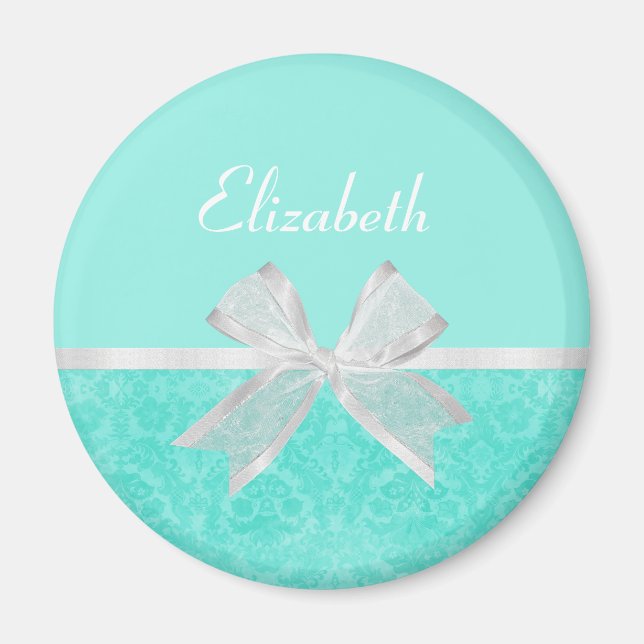 Girly Aqua Turcos Damask White Ribbon med Namn Magnet (Framsidan)