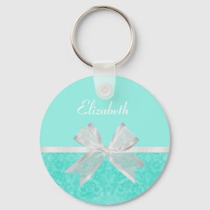 Girly Aqua Turcos Damask White Ribbon med Namn Nyckelring
