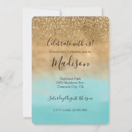 Girly Aqua Watercolor Guld Glitter Inbjudningar
