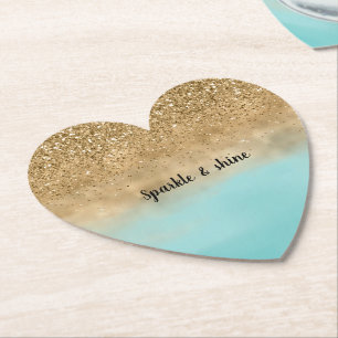 Girly Aqua Watercolor Guld Glitter Underlägg Papper