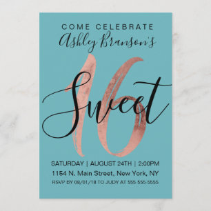 Girly Aquamarine Ro guldfoil Sweet 16 Inbjudningar