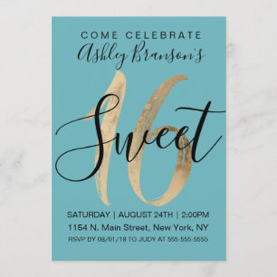 Girly Aquamarine Teal Gold Foil Sweet 16 Inbjudningar