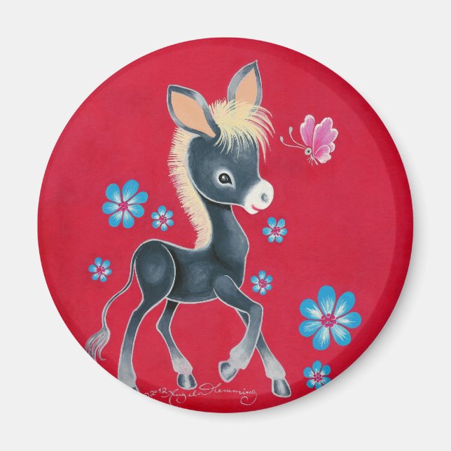 Girly Baby Donkey med blommor Magnet (Framsidan)