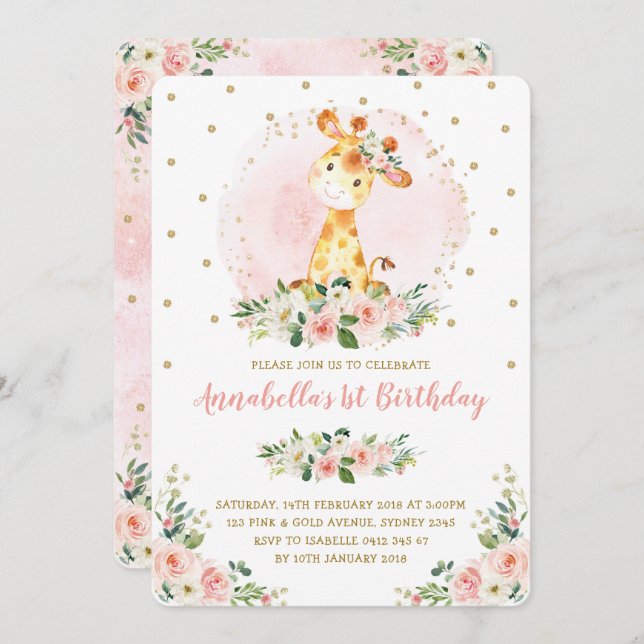 Girly Baby Giraffe  Guld Blommigt 1:a födelsedagen Inbjudningar (Fram/baksida)