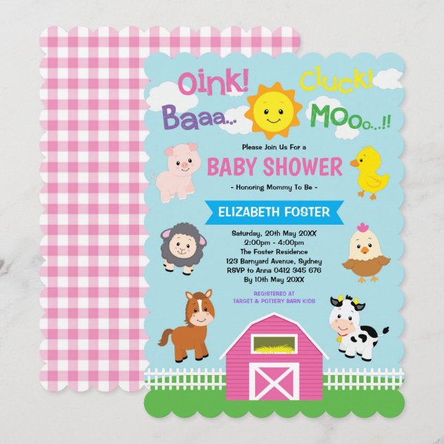 Girly Barnyard Baby Shower Rosa Boskap Party Inbjudningar (Fram/baksida)