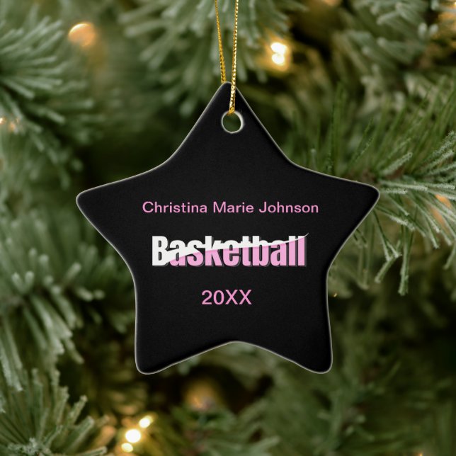 Girly Basketball Player Rosa Typography Julgransprydnad Keramik (Träd)