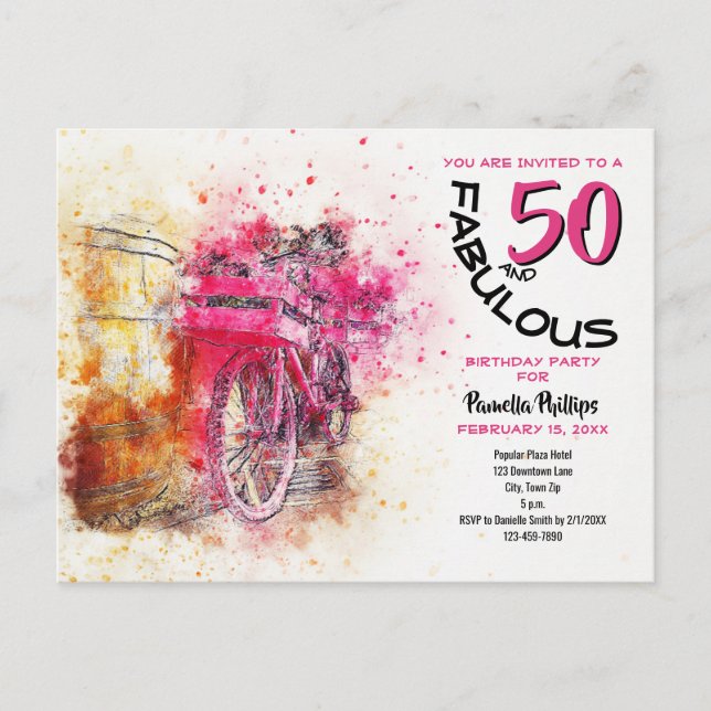 Girly Bicycle 50 och Fabulous Birthday-inbjudan Vykort (Framsida)