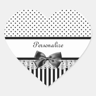 Girly Black and White Victorian Rand with Namn Hjärtformat Klistermärke