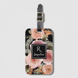 Girly Black BOHO Watercolor Blommigt Greenery Namn Bagagebricka