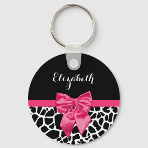 Girly Black Giraffe Animal Print Cute Shock rosa B Nyckelring