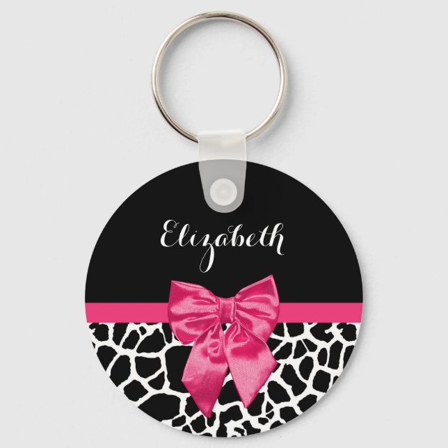 Girly Black Giraffe Animal Print Cute Shock rosa B Nyckelring (Framsida)
