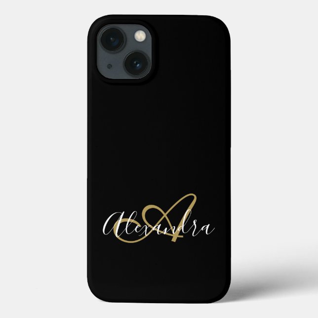 Girly Black Guld Elegant Monogram Script Namn (Baksida)