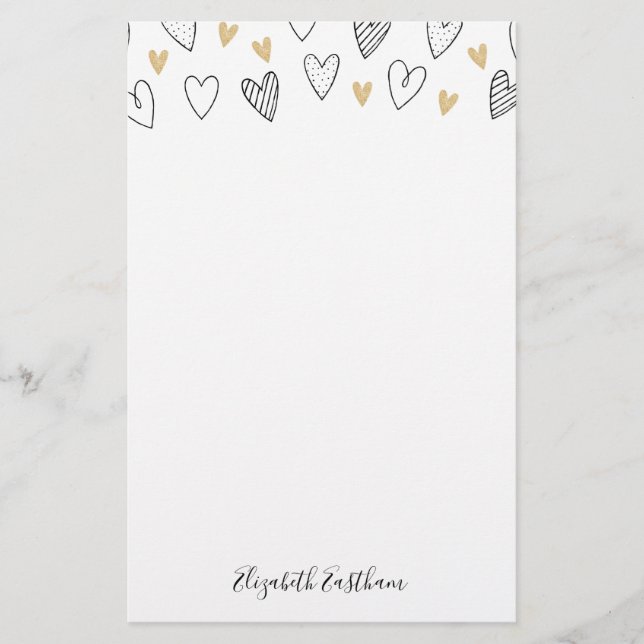 Girly Black Guld Heart Feminine-skript Brevpapper (Framsida)