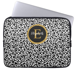 Girly Black Guld Leopard Monogram Laptop Fodral